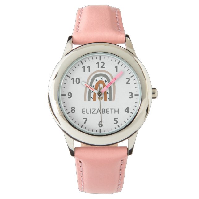 Montre Arc-en-ciel boho brun beige gris blanc nom fille (devant)