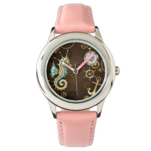 Montre Arrière - plan en bois avec cheval de mer mécaniqu
