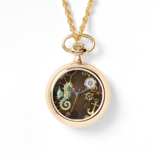 Montre Arrière - plan en bois avec cheval de mer mécaniqu