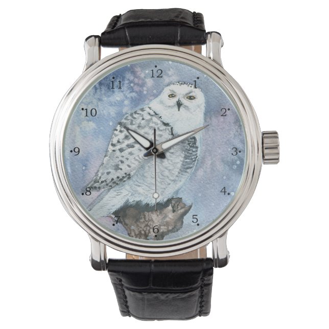 Montre Art de la faune de la Chouette neigeuse en aquarel (devant)