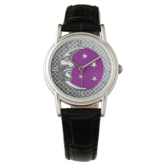 Montre Art Déco Lune et étoiles - Amethyst Purple & Silve (devant)