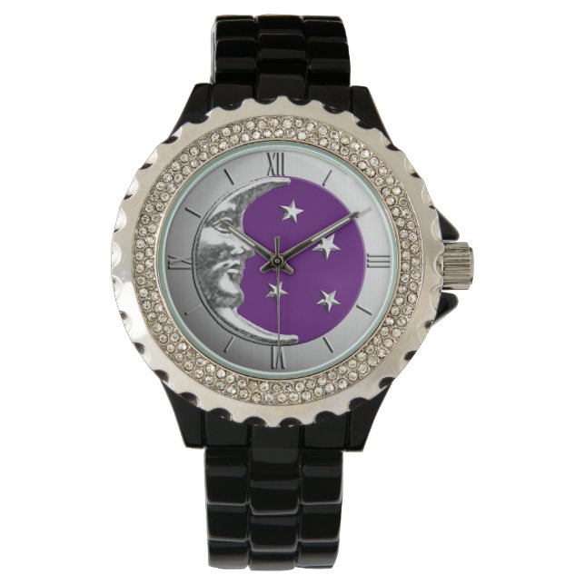 Montre Art Déco Lune et étoiles - Amethyst Purple & Silve (devant)