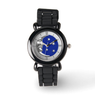 Montre Art Déco Lune et Etoiles - Bleu Cobalt et Argent