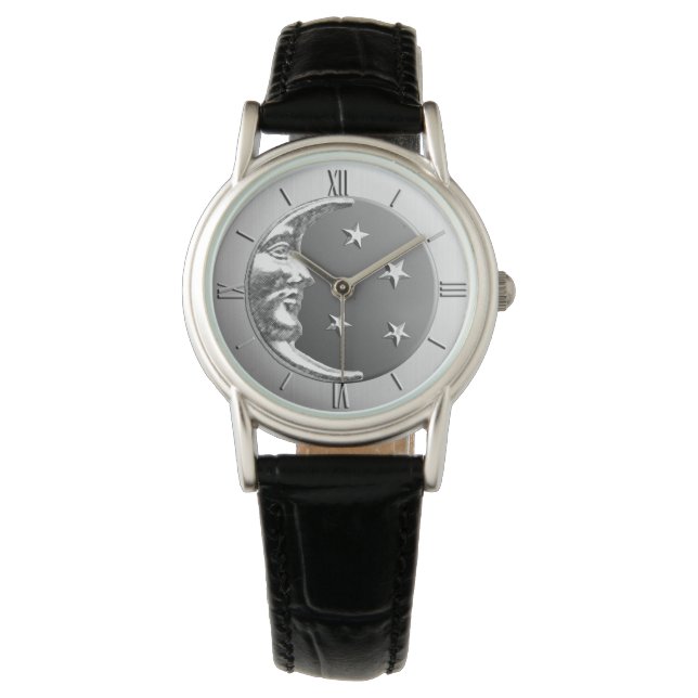 Montre Art Déco Lune et Étoiles - gris / gris et argent (devant)