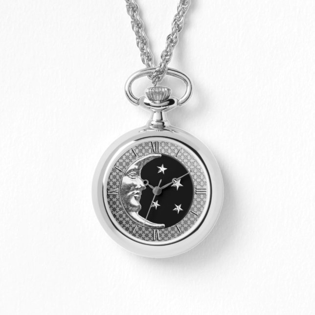 Montre Art déco Lune et étoiles - Noir et Argent (Recto)