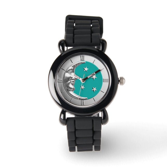 Montre Art Déco Lune et Etoiles - Turquoise & Argent (Recto)