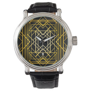 Montre art déco, or, noir, vintage, rétro, élégant, chic,