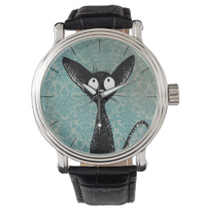 Montre Art mignon drôle de chat noir sur la damassé ble