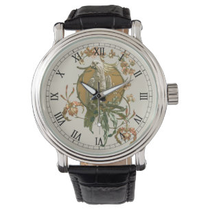Montre Art Nouveau vintage, Cockatoo Bird, Fleurs d'orchi