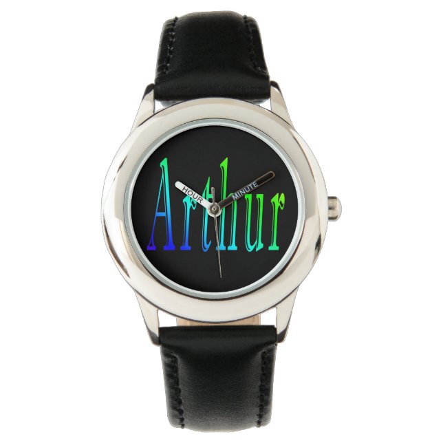Montre Arthur, Nom, Logo, Garçons Black Leather Watch. (devant)