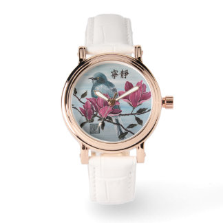 Montre Asian blue bird pink magnolia painting