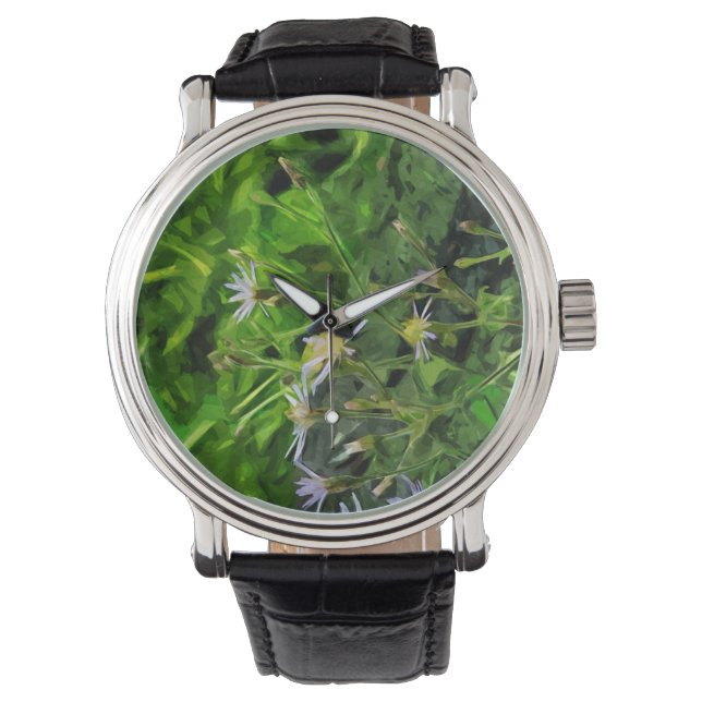 Montre Aster pourpre parmi l'abrégé sur brûlé arbres (devant)