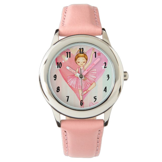 Montre Ballerina mignonne Étoiles et Coeurs filles rose (devant)