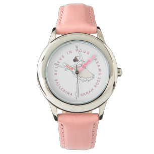 Montre Ballerina rose foncé Fille Nom personnalisé Rêves