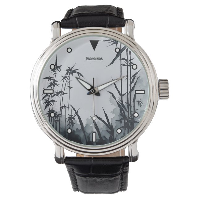 Montre Bambou peinture chinoise à l'encre noir et blanc (devant)