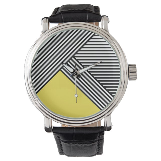 Montre Bandes noires et blanches avec triangle jaune (devant)