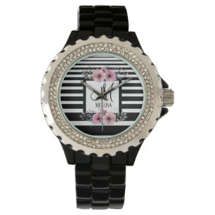 Montre Bandes noires et blanches Monogramme floral rose