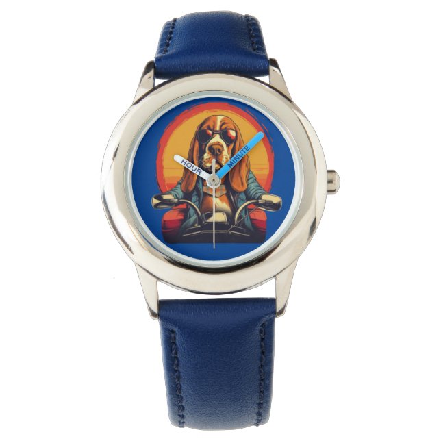 Montre basset cool hound biker au coucher du soleil (devant)