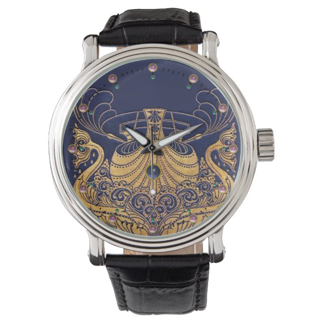 Montre Bateau antique, Dauphins, Or, Bleu marine Nautique (devant)