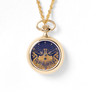 Montre Bateau antique, Dauphins, Or, Bleu marine Nautique