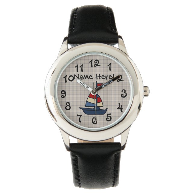 Montre Bateau nautique personnalisé Bleu/Tan Boy's (devant)
