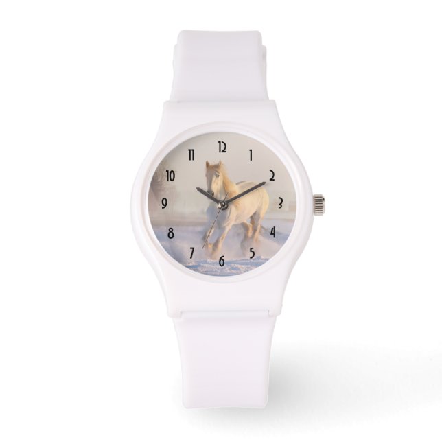 Montre Beau Cheval Blanc Galloping dans la neige (Recto)