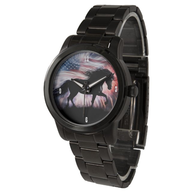Montre Beau cheval et drapeau américain patriotique (Incliné)