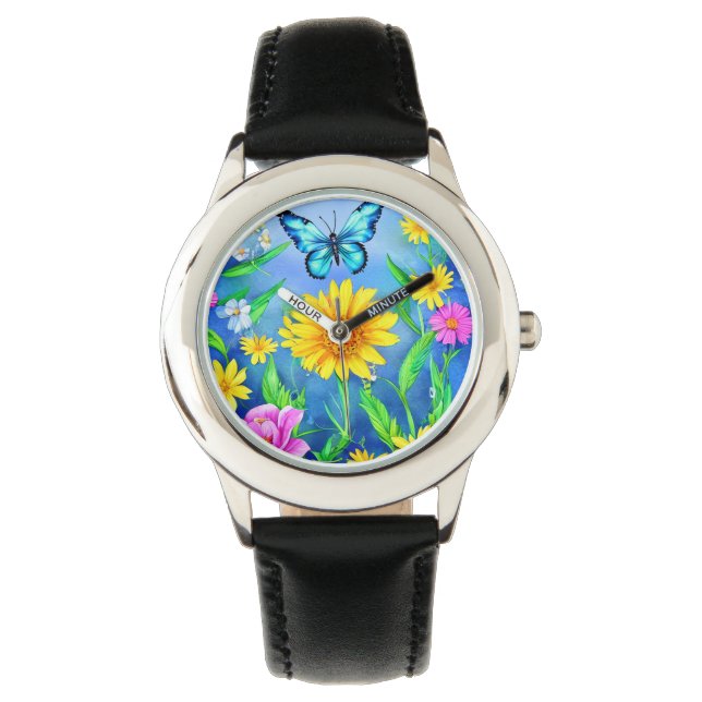 Montre Beau papillon bleu dans une prairie fleurie (devant)