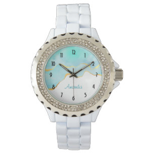 Montre Beau Tropical Vert Bleu avec bordure or