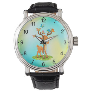 Montre Bébé mignon cerf jouant avec des papillons-23475