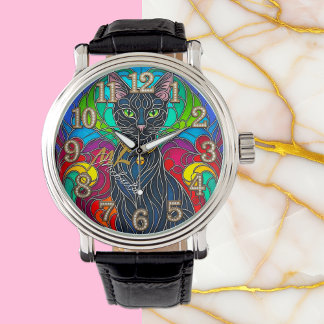 Montre Belle Chat Noir avec cloche Jingle, Mosaïque Art
