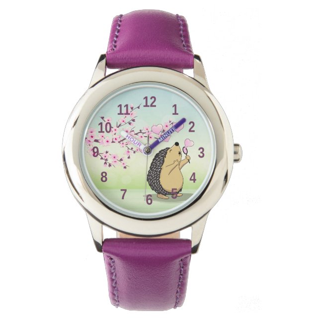 Montre Belle Hérisson Fleurs de cerisiers rose Vert Numér (devant)