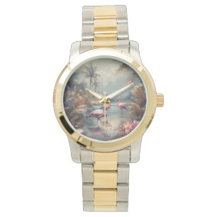 Montre belle peinture vintage flamants roses