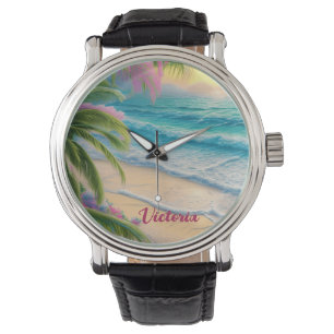 Montre Belle Plage Océan Vagues Sable Palmiers