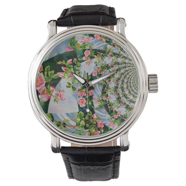 Montre Belle roses roses rouges rétro aquarelle fleurie (devant)
