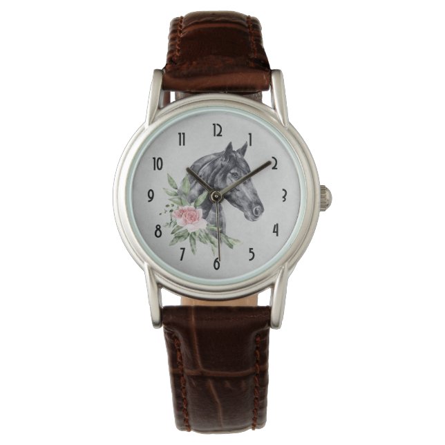 Montre Belle tête de cheval noir Portrait d'aquarelle (devant)