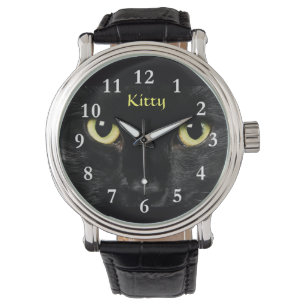 Montre Black Cat Face Wrist Watch Black Vintage Cuir