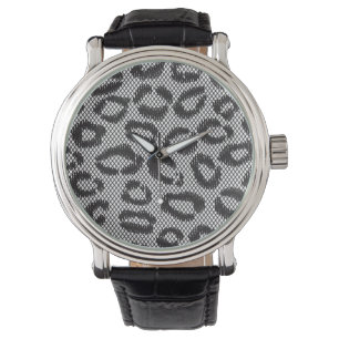 Montre Black net lace with leopard pattern on white