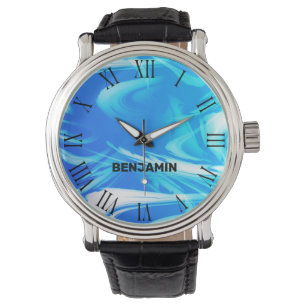 Montre Bleu clair Vagues Cool Marbré Nom personnalisé