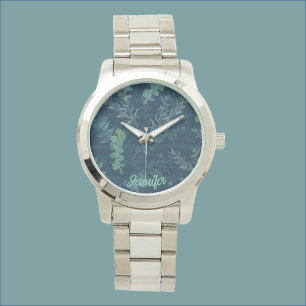 Montre Bleu foncé et Feuilles verts Turquoises