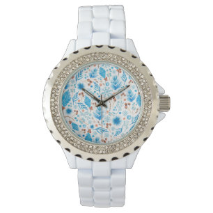 Montre Bleu Motif botanique d'hiver en aquarelle