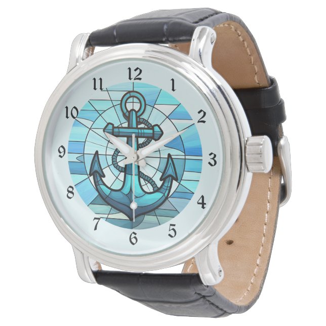 Montre Bleu nautique Ancre verre (Incliné)