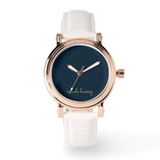 Montre Bleu Nuit Or Script | Monogramme Moderne Élégant