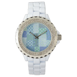 Montre Bleu Périwinkle Floral Boho Faux Motif Patchwork