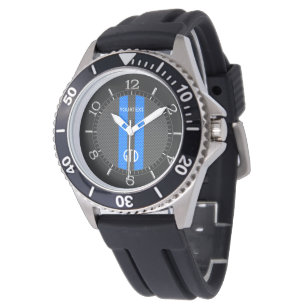 Montre Bleu Personnalisé Style Carbone Rayures de course