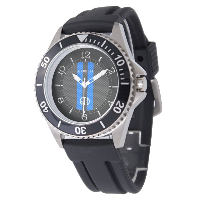 Montre Bleu Personnalisé Style Carbone Rayures de course (Incliné)