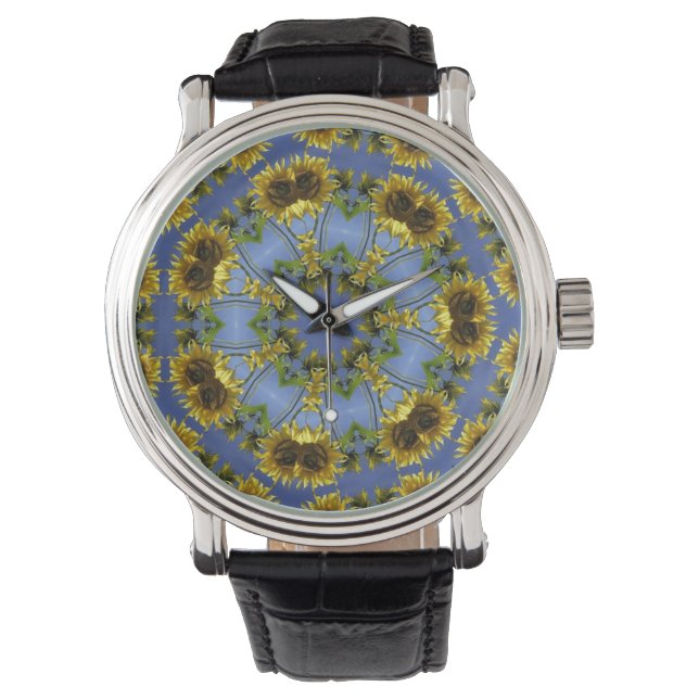 Montre Bleu Tournesol Kaleidoscope Cuir Vintage (devant)