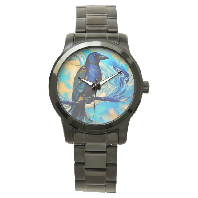 Montre Blue Black Raven, bleu et or abstrait (devant)