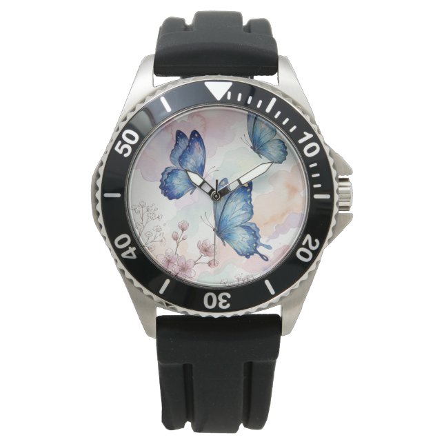 Montre Blue Butterfly Watercolor Wrist Watch ElegantDesig (devant)
