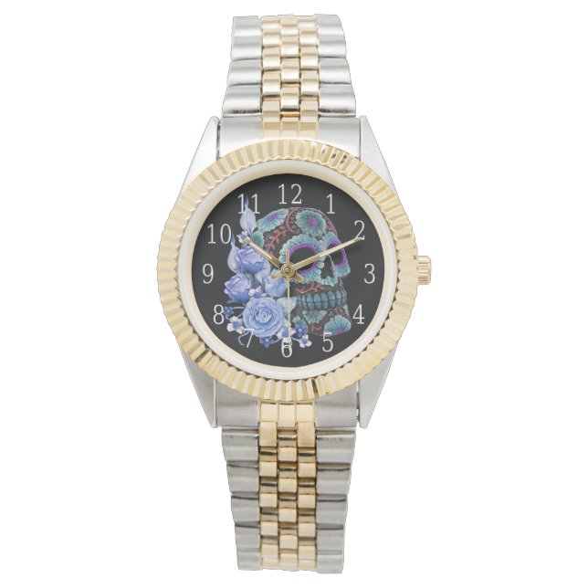 Montre Blue Floral Black Sugar Skull Jour des morts (devant)